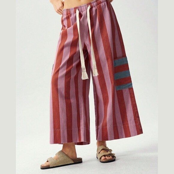 Pants - Pink & Burgundy Striped Cropped Pants with Tassel Drawstring